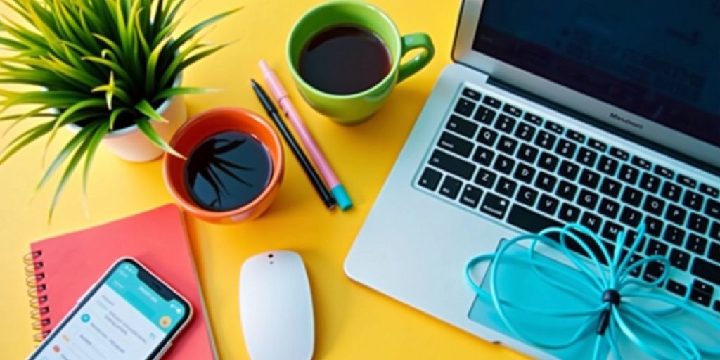 A workspace with a laptop and coffee cup.